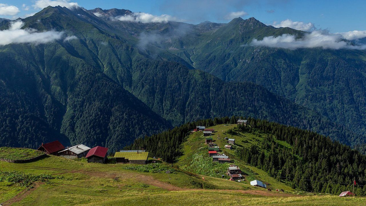 Traditional wooden houses and green mountain scenery at Pokut Plateau in Rize