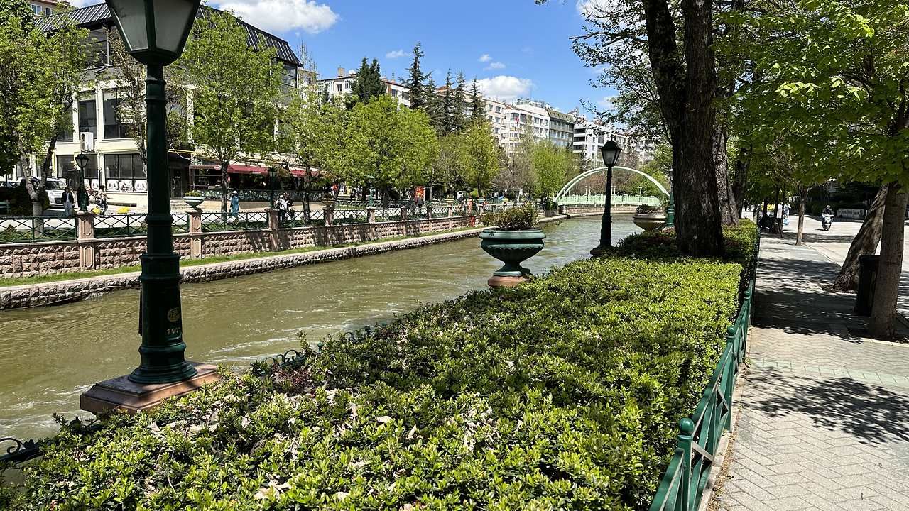 Tree-lined Porsuk River promenade in the Adalar district of Eskişehir
