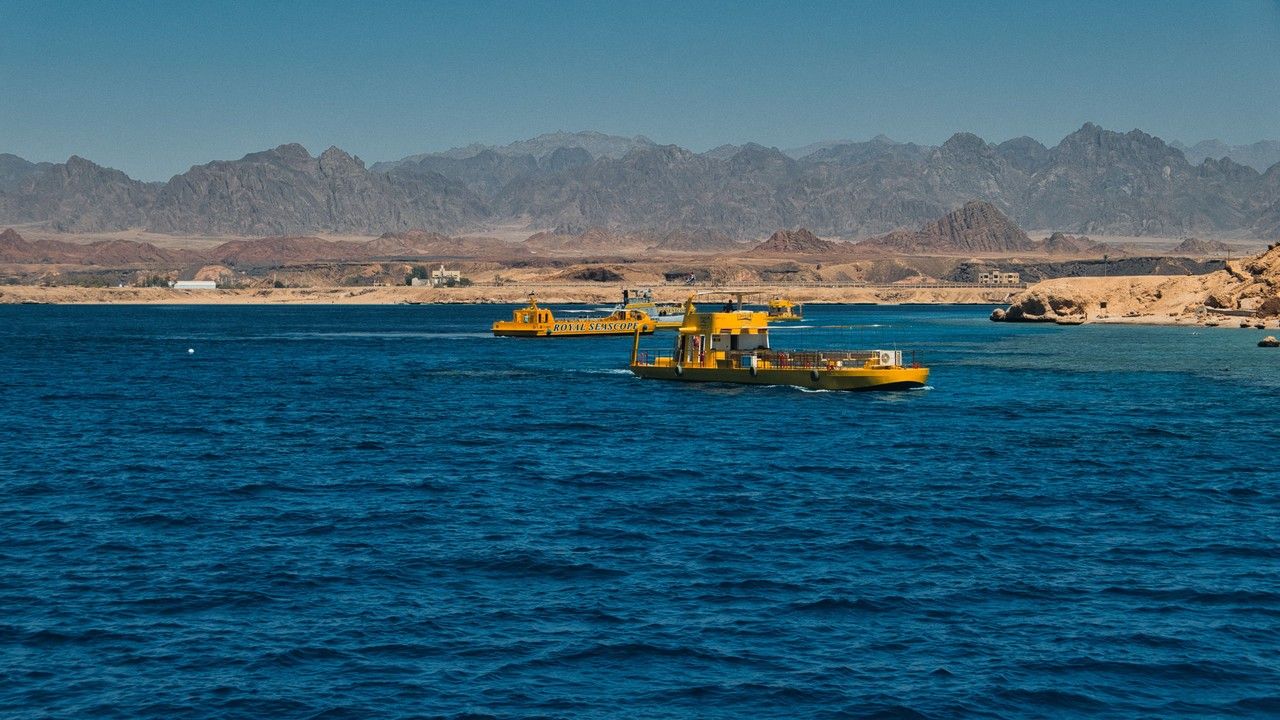Yellow tourist boats on the Red Sea at Ras Mohammed National Park in Sharm El Sheikh, Egypt