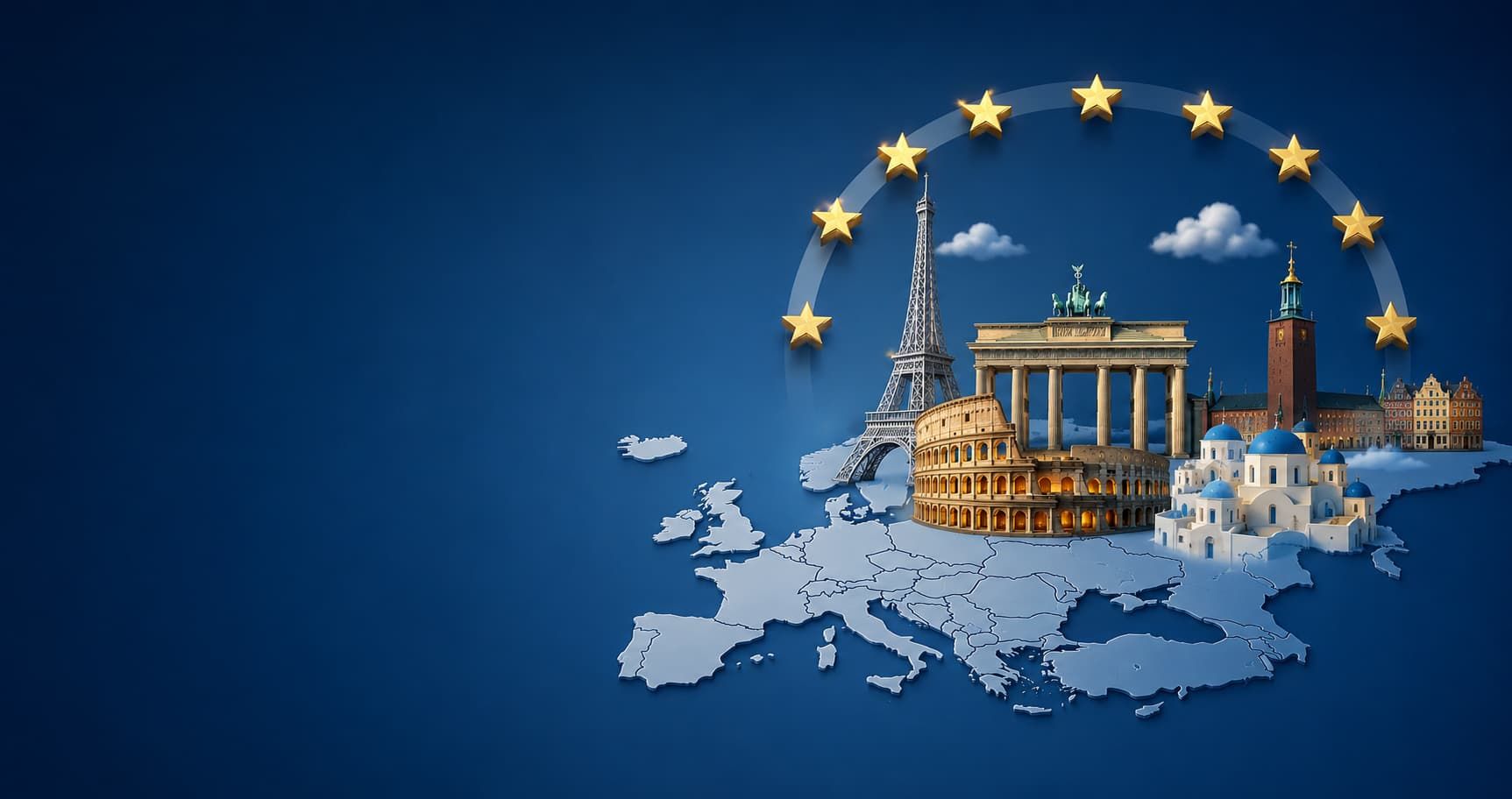 Schengen visa concept for Iraqi travelers with a map of Europe and famous European landmarks
