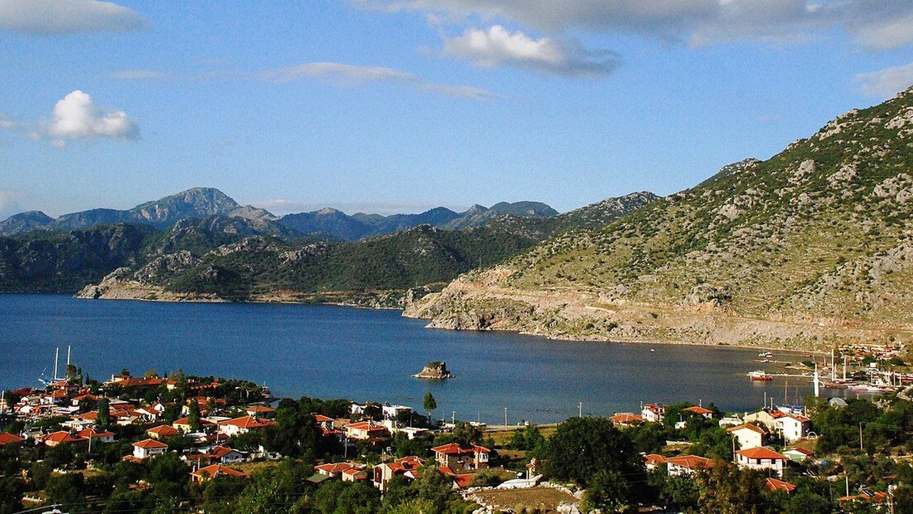 Panoramic view of Selimiye village and its sheltered coastal bay.