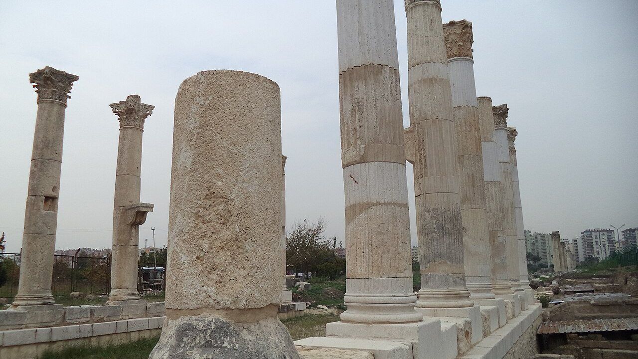 Ancient columns and archaeological remains at Soli Pompeiopolis in Mersin.