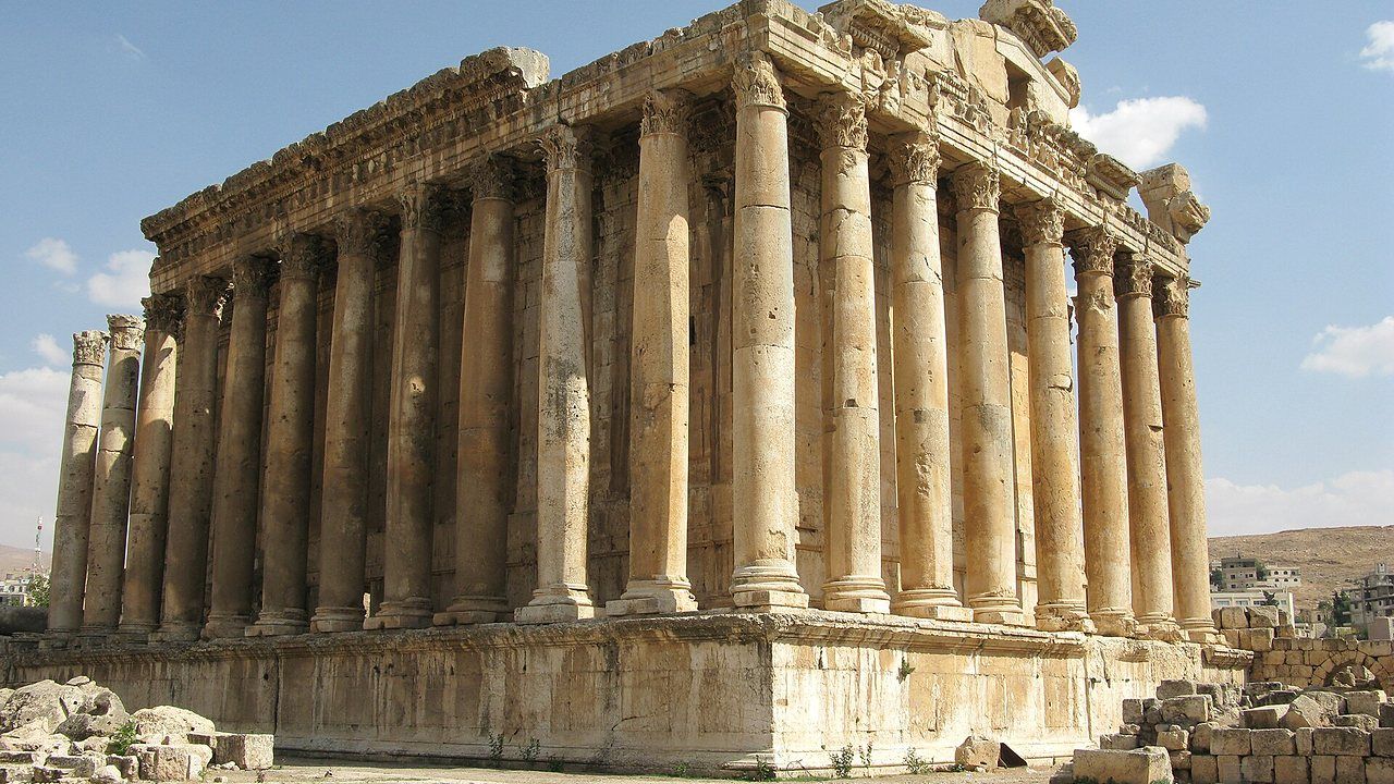 Wide exterior view of the Temple of Bacchus at Baalbek, Lebanon