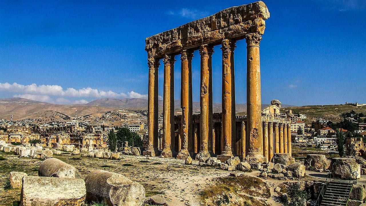 Monumental Roman columns of the Temple of Jupiter in Baalbek, Lebanon