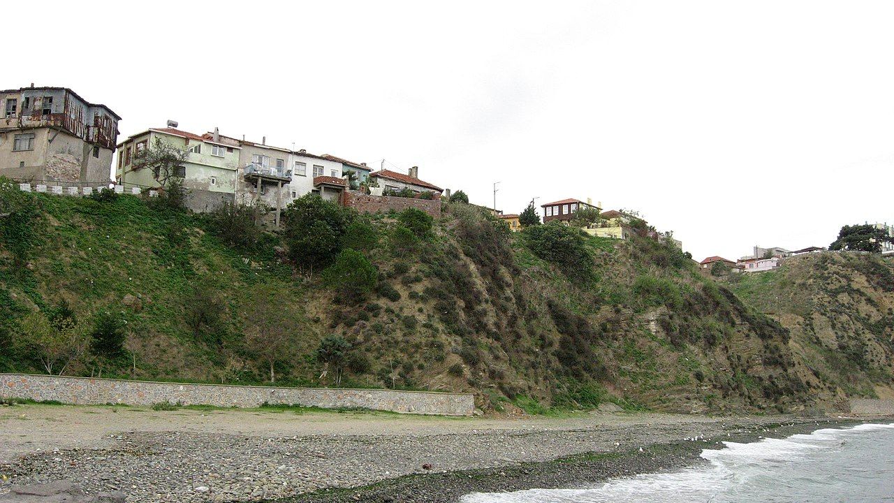 Wide coastal view of Tirilye village and the Sea of Marmara in Mudanya, Bursa, Turkey