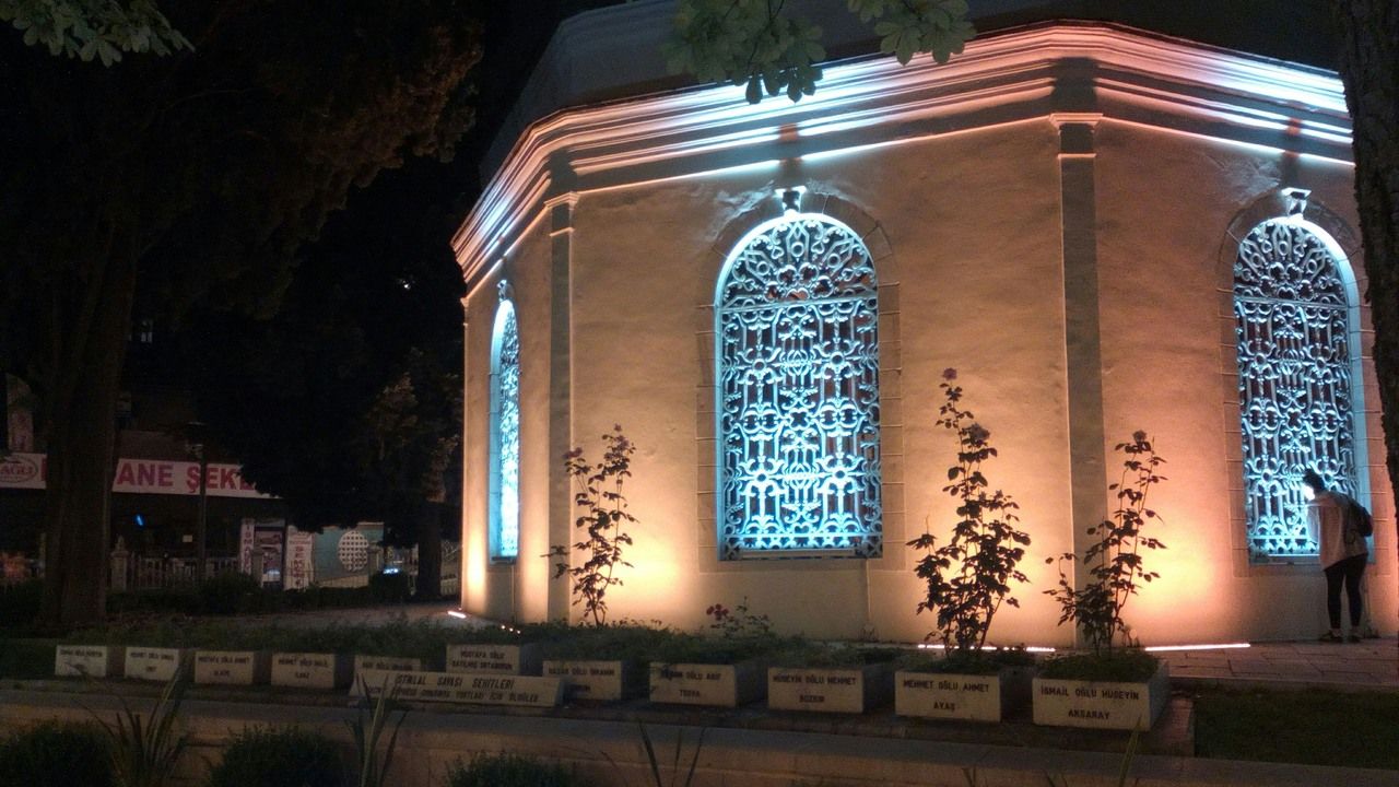 Illuminated Osman Gazi Tomb in the historic Tophane district of Bursa, Turkey