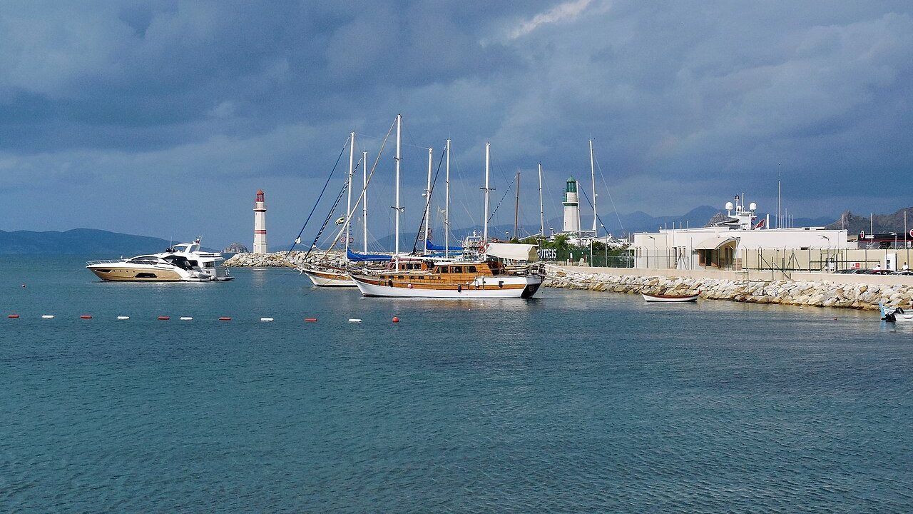 Scenic marina and sailing boats along the coast of Turgutreis