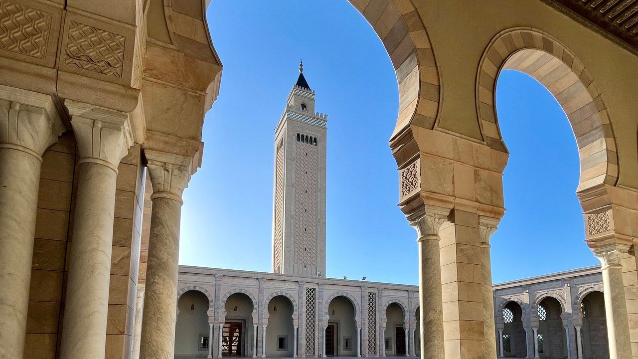 Zitouna Mosque courtyard and minaret in the Medina of Tunis, Tunisia